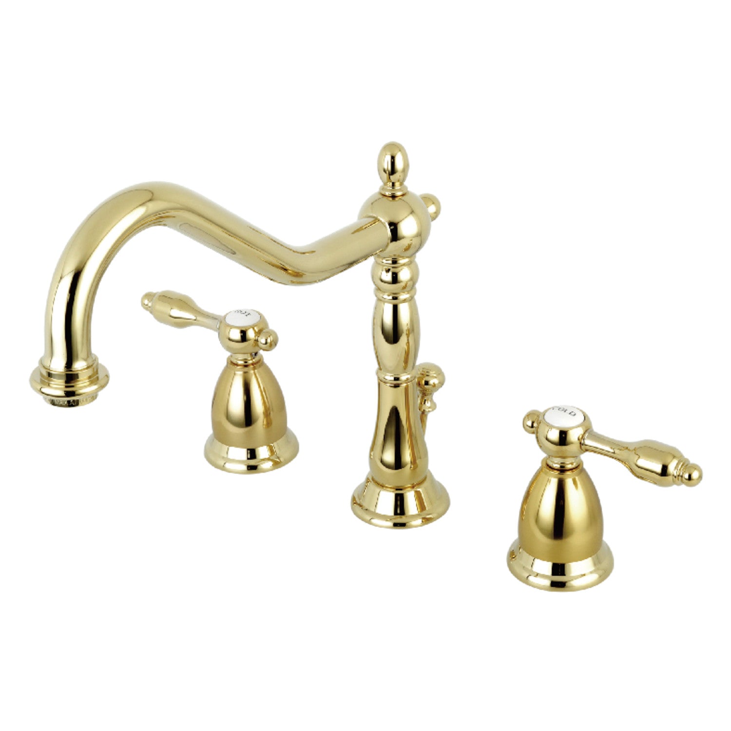 Kingston Heirloom KS1992TAL - Tudor Two-Handle 3-Hole Deck Mount Widespread Bathroom Faucet with Brass Pop-Up, Polished Brass — image 1